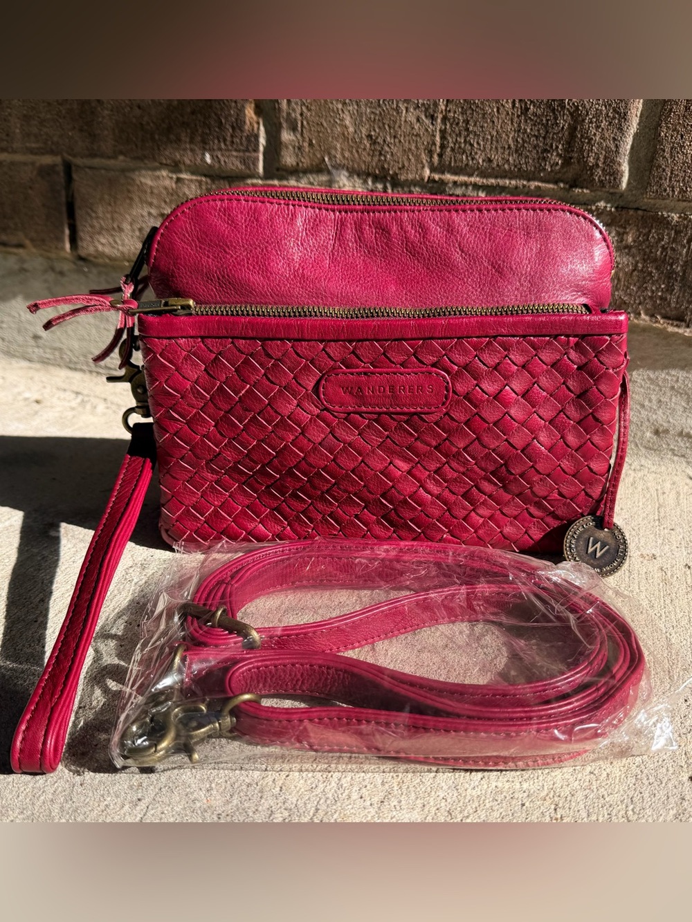 Wanderers Travel “The Burano” Woven Leather Crossbody Burgundy✨